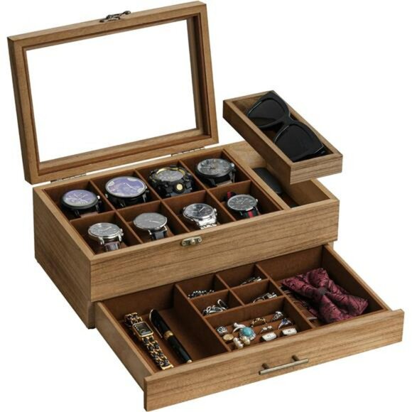 Wood Watch Box Organizer 2 Tier Display Case Drawer for Large Dial Watches - Picture 1 of 8